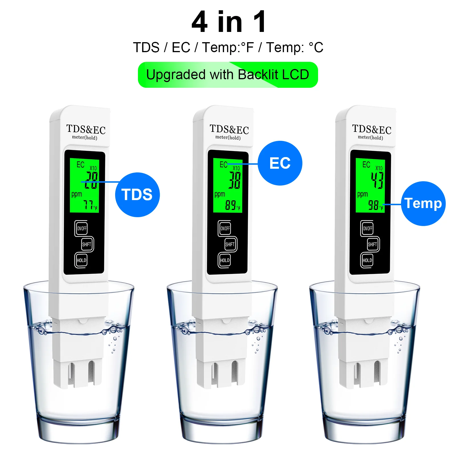 TDS Meter EC Meter Temperature Meter 4 in 1 0-9999ppm for Drinking Water Hydroponics Aquarium
