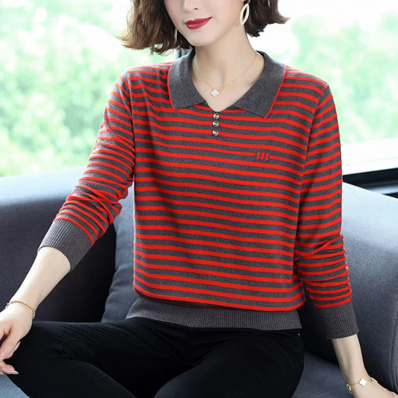 Fashion Versatile Casual Commuter Women's Clothing Autumn and Winter Stripe Printed Doll Neck Long Sleeve Temperament Pullover