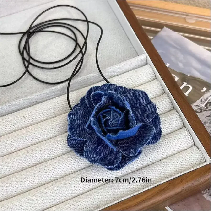 Elegant Floral Choker Necklace with Adjustable Wax Rope - Y2K Denim Design