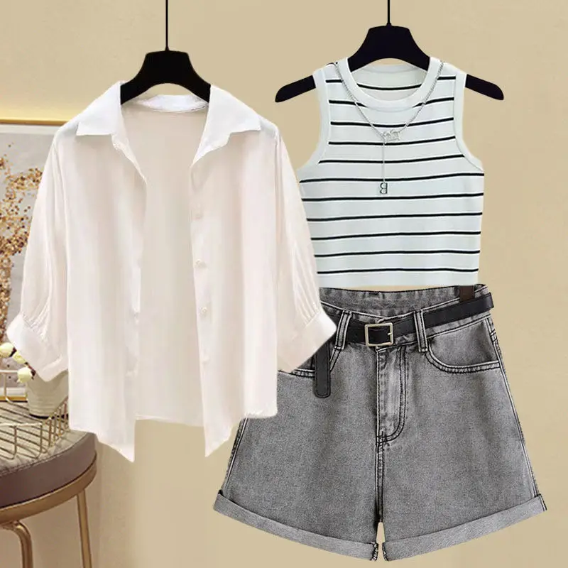 Large Women's Spring/Summer Set 2024 New Shirt Slim Fit Striped Slim Strap Versatile Denim Shorts Three piece Set