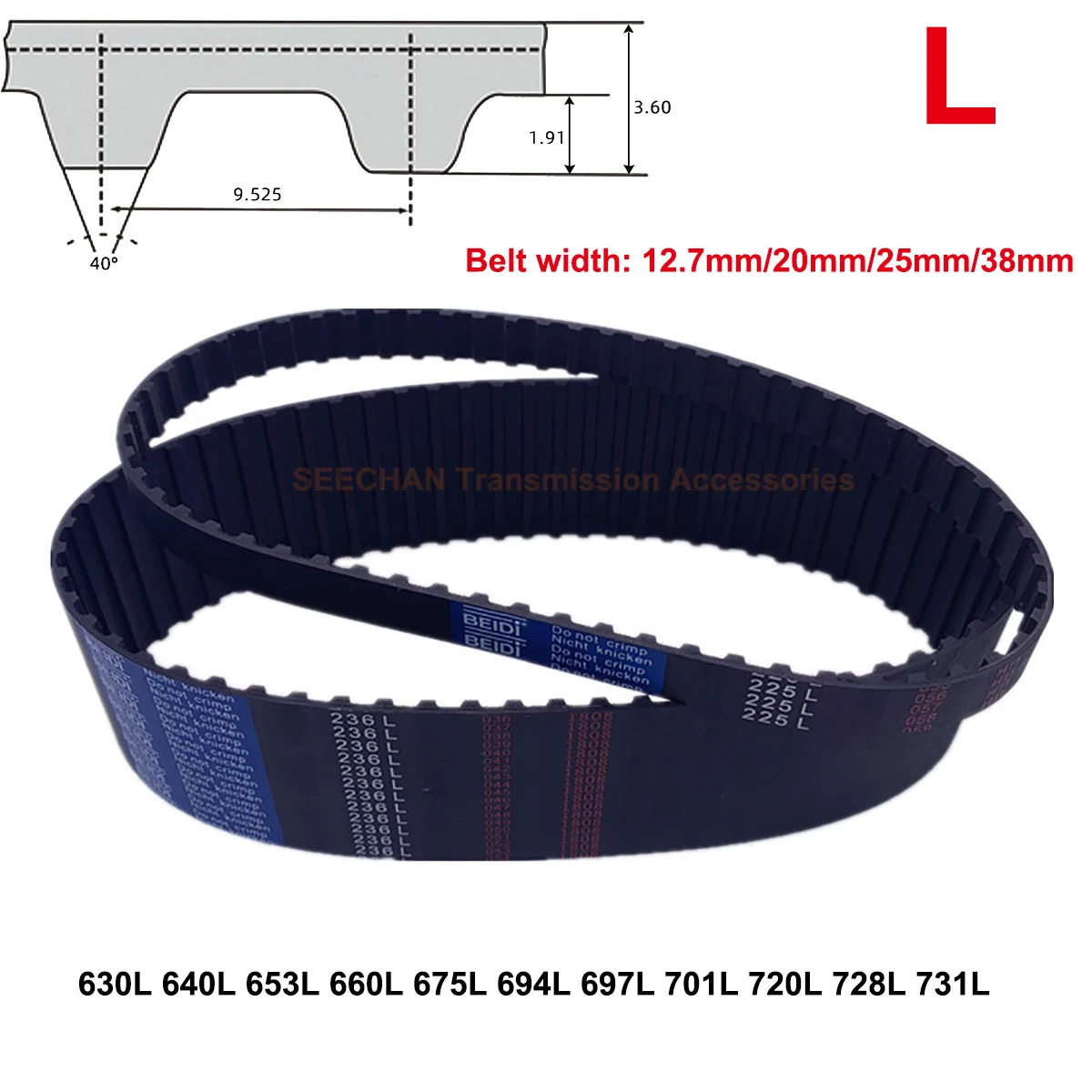 

L Trapezoidal Tooth Synchronous Timing Belt Width 12.7/20/25/38mm Closed-loop Rubber Transmission Belt 630L ~ 731L Pitch 9.525mm