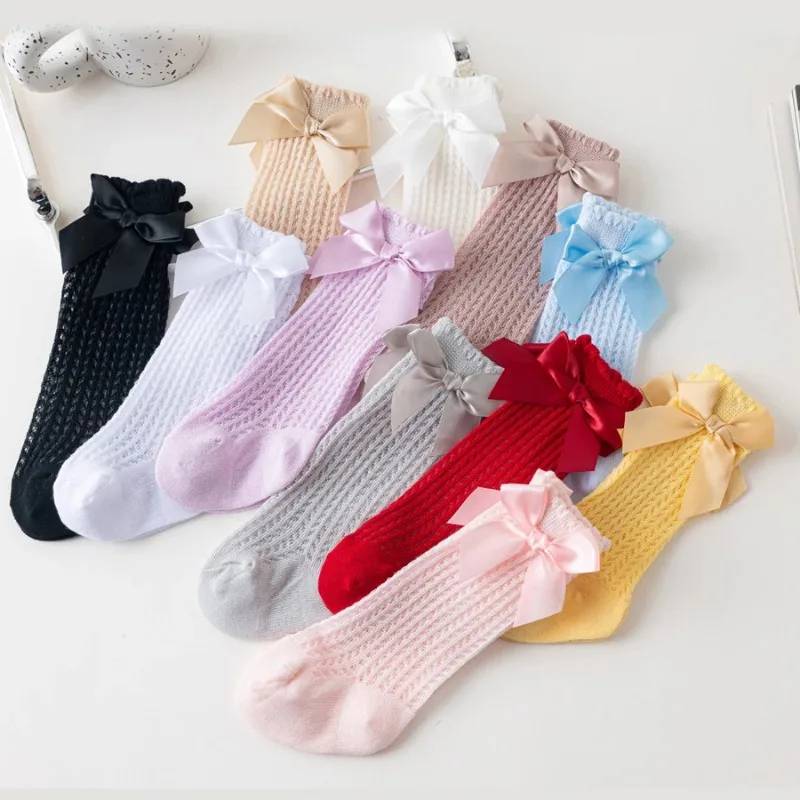 Baby Cute Korean Bow Mesh Stockings Hollow Cotton White Beige Princess Knee High Long Socks Newborn Infant Stockings for Girls