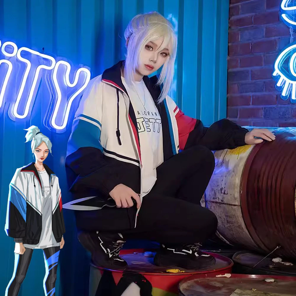 

Костюм для косплея VALORANT Jett для взрослых мужчин и женщин, Фэнтезийный жакет, пальто, игровая Маскировка, наряды на Хэллоуин для ролевых игр Sui