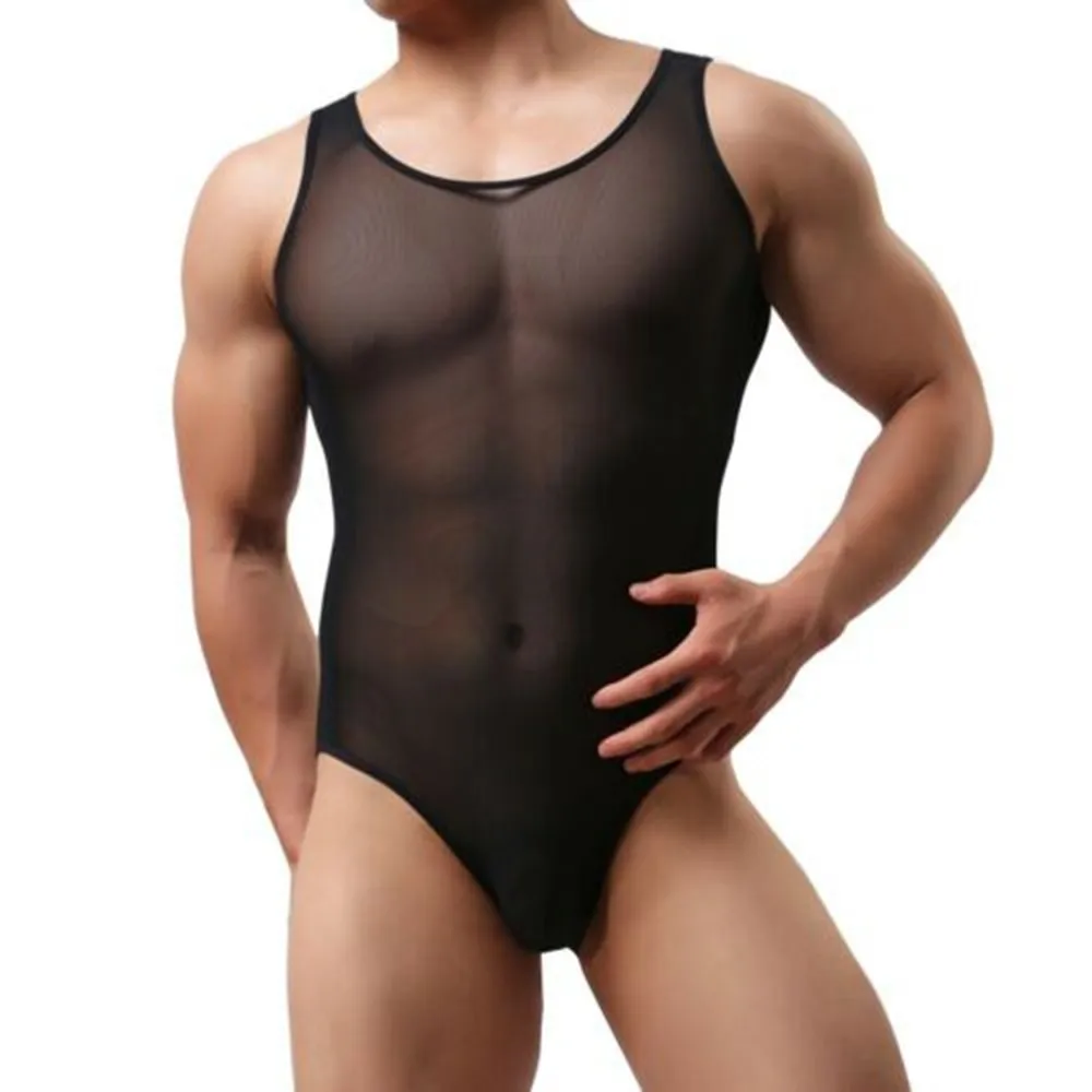 Men Sexy Sheer Bodysuit Breathable Thin Mesh Leotard Singlets See Through Mesh Romper Male Transparent Tank Tops Undershirt