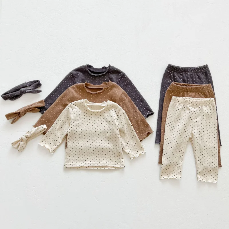 

2023 New Fashion Baby Girl Polka Dot Clothes Sets Toddler Baby Girls Pajamas Outfits Tops + Pants + Headband 3pcs Suit