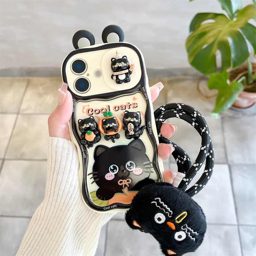 Adorable Cartoon Black Cat Push-Pull Lanyard Phone Case - Soft Protective Cover