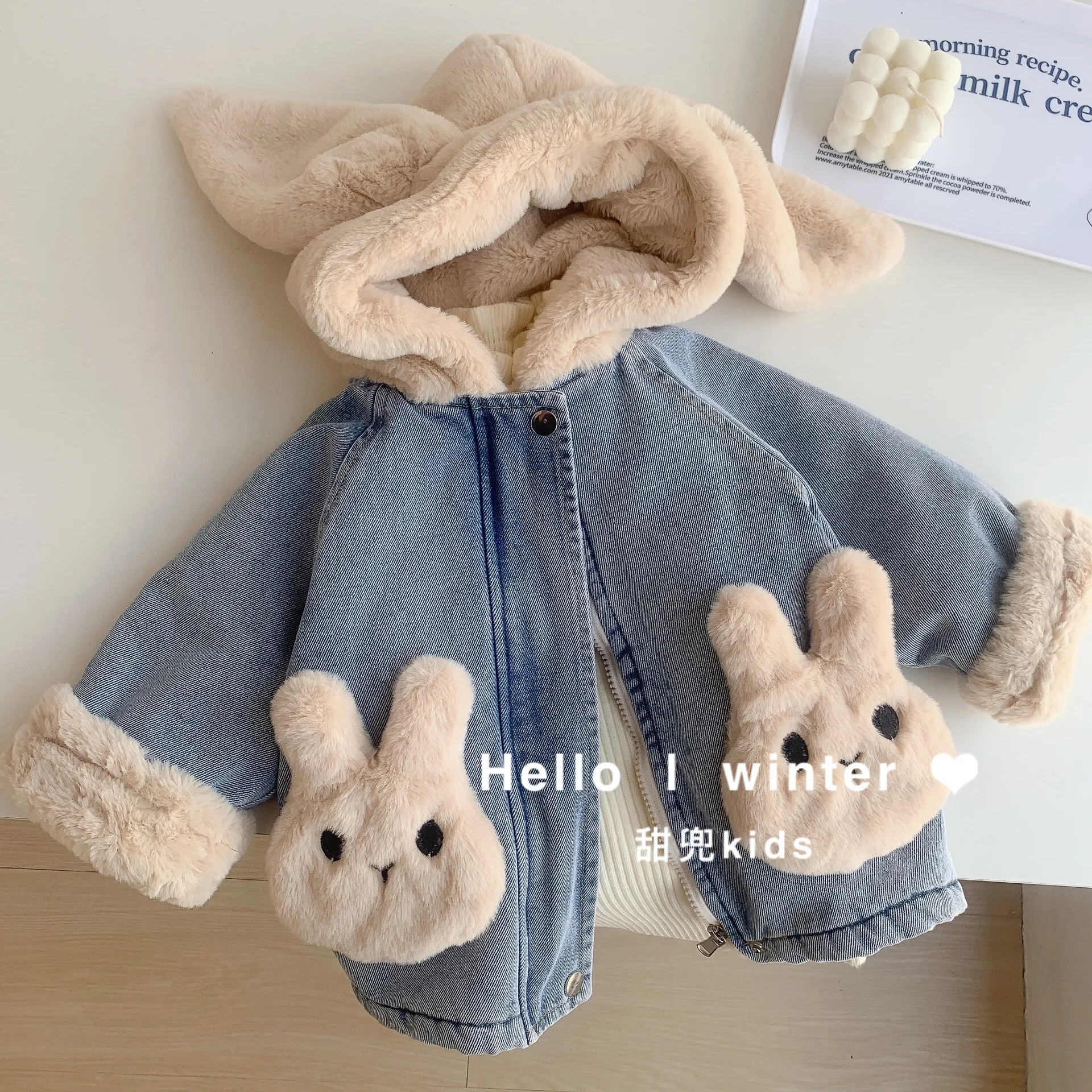 

2023 Winter Girls Cute Cartoon Rabbit Thick Warm Fleece Jeans Coat Baby Kids Children Denim Jacket Outerwear
