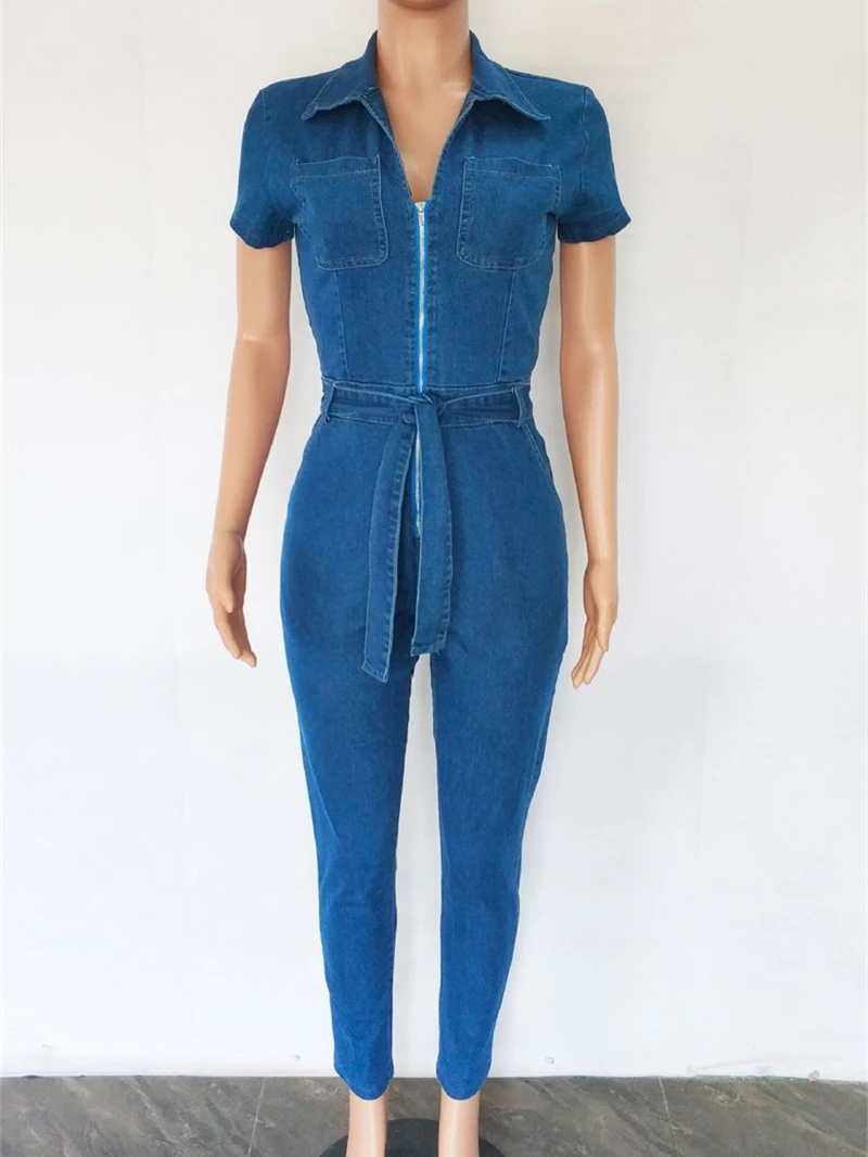 Cowboy Jeans Jumpsuits for Women Spring Summer Clothes Short Sleeve Zipper Up Bodycon Long Romper Casual Denim Jumpsuit Overalls
