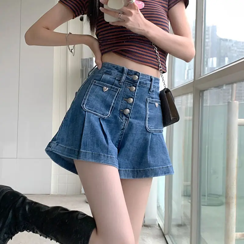 Women's Summer 2024 New Korean Hotsweet Solid Color Elastic Spliced Pockets Button High Waist A-line Loose Denim Wide Leg Shorts