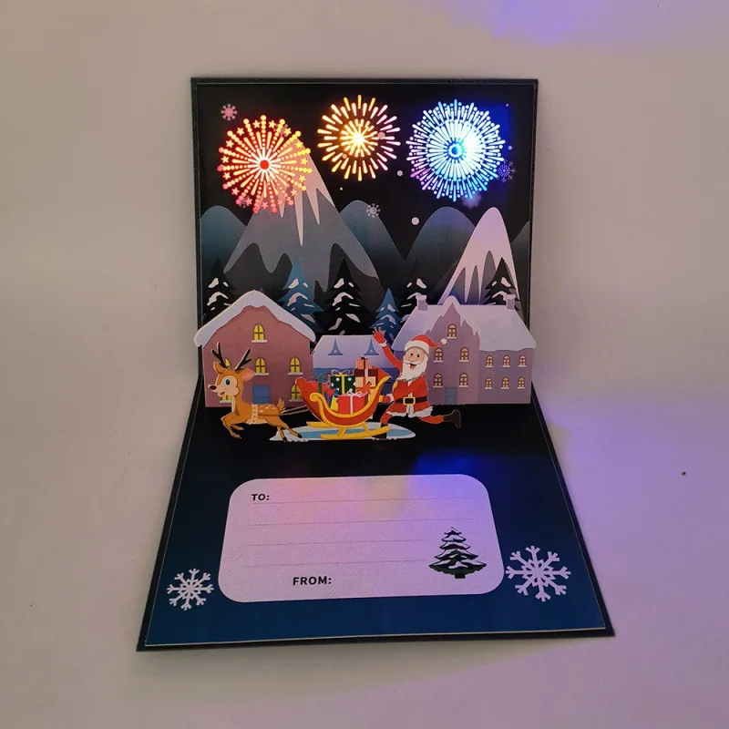New 1pc Christmas Blessings Fireworks Music Lights Father Christmas Fireplace 3D Greeting Card Paper Sculpture New Year Card