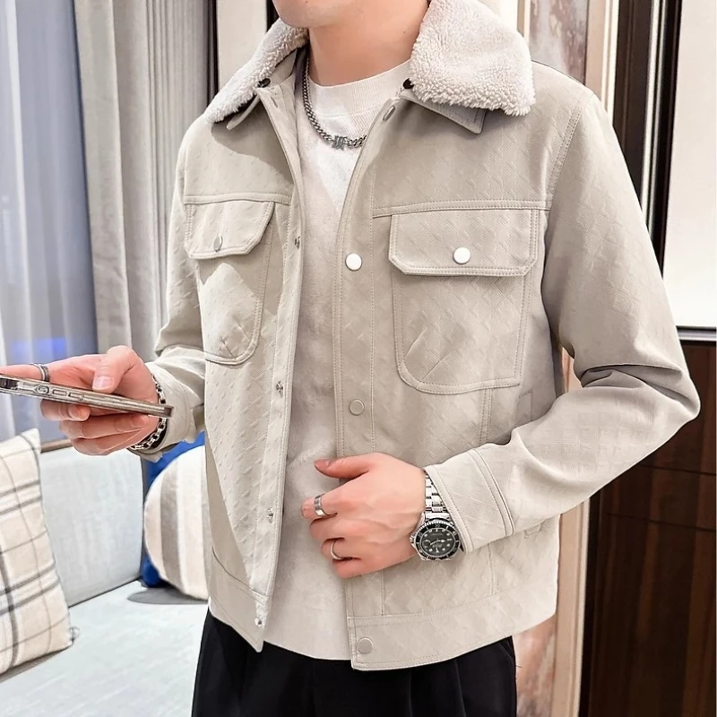 2023 Winter Faux Fur Collar Leather Jacket for Men Thick Warm Motorcycle Jacket Fashion Slim Casual Business PU Leather Jacket