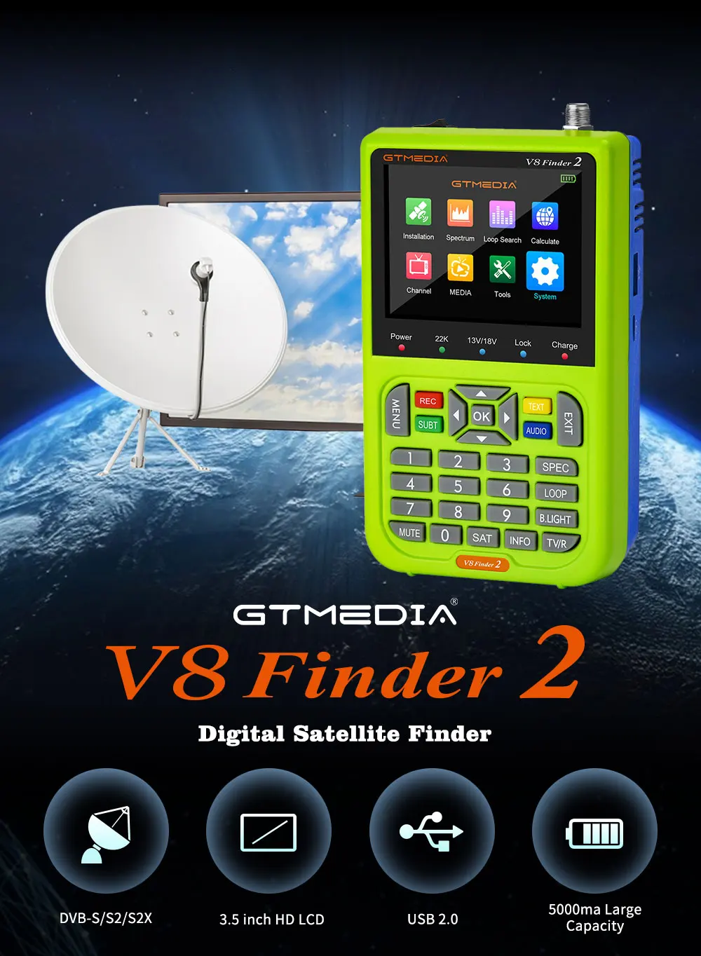 GTMEDIA V8 Finder 2 Satellite Signal Finder DVB-S/S2/S2X Digital 1080P HD H.264 VS ST-5150 V8 FINDER PRO WS6933 WS6980 In Stock cbs antenna channel