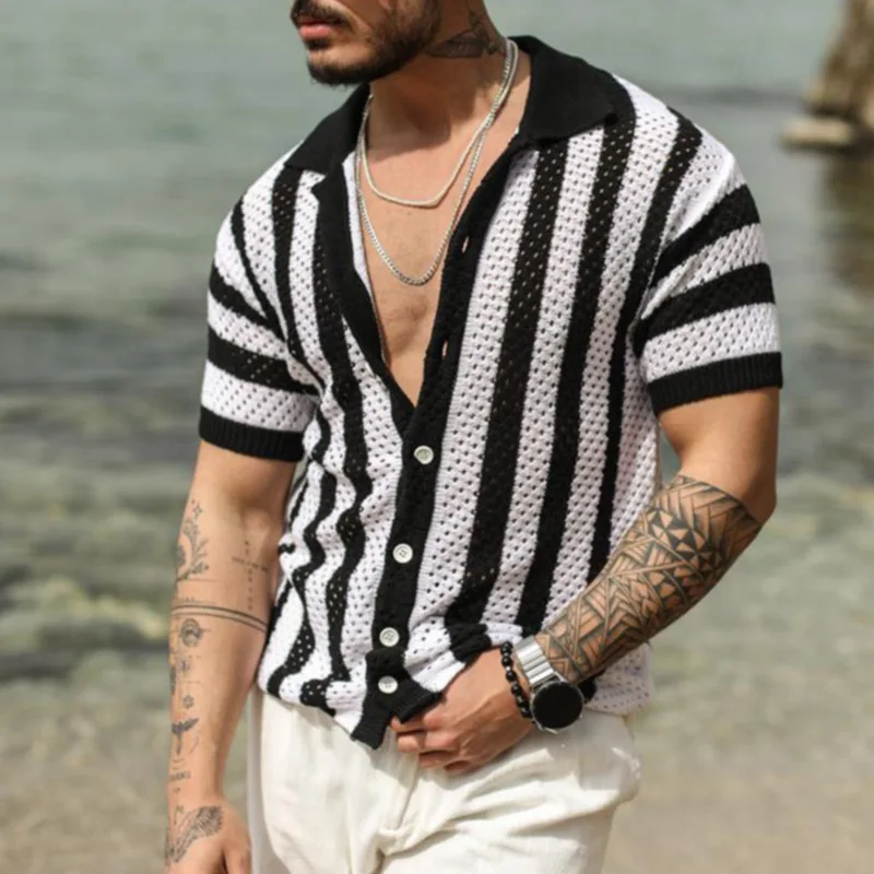 

Elegant Y2K Fashion Knit Short Sleeve Turn Down Collar Hollow Out Button POLO T-shirt Blouse Men Summer Stripe Shirt Top