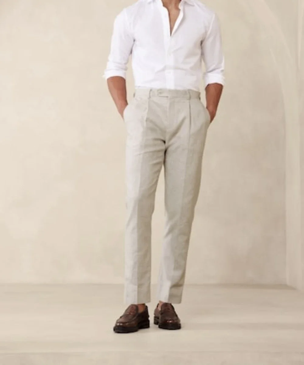 Beige Summer Linen Elegant Suit Pants For Men Smart Casual Slim Fit Blazers Hombre Business High Quality Custom Costume Homme