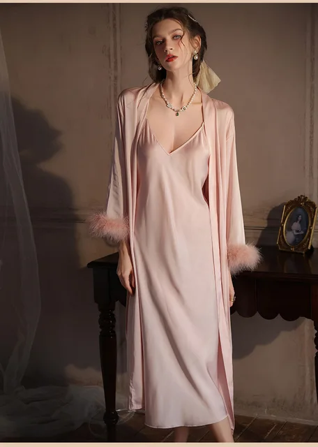 Bata Camison De Saten Largo Seda Pura Escote En V Largo Midi