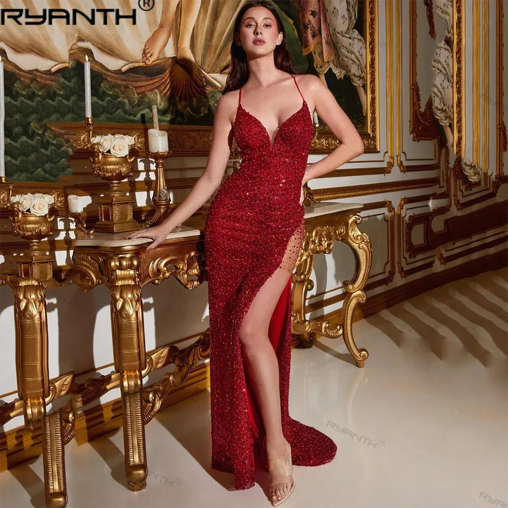 

Spaghetti Straps Evening Dresses Wine Red Sparkly Stylish Prom Gown Sequins Trumpet Dress Backless V- Neck Custom Size