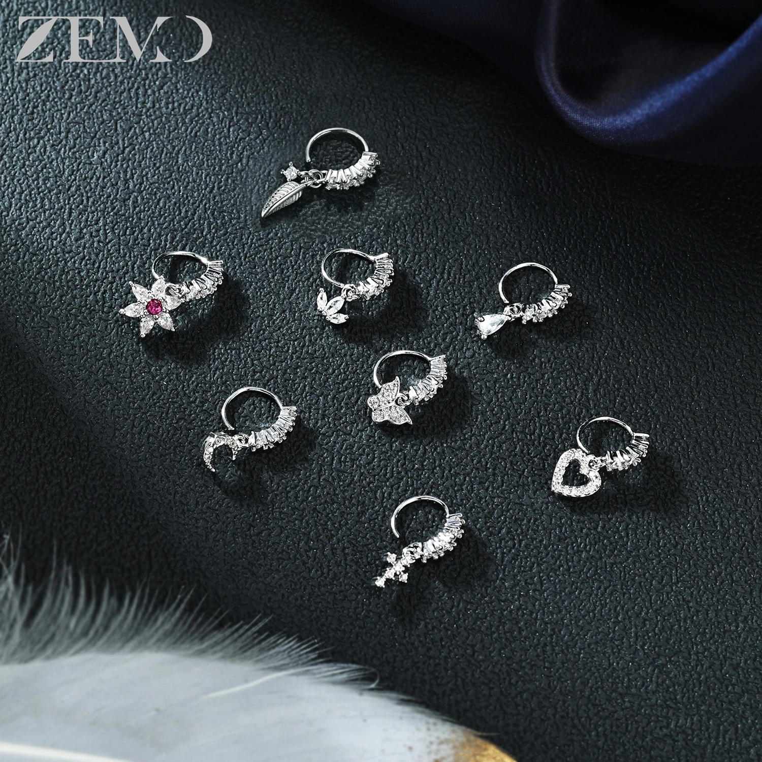 ZEMO 1 PC 20G 스테인레스 스틸 코 링 여성 남성 후프 코 피어싱 꽃 크로스 하트 펜던트 콧 구멍 피어싱 바디 쥬얼리