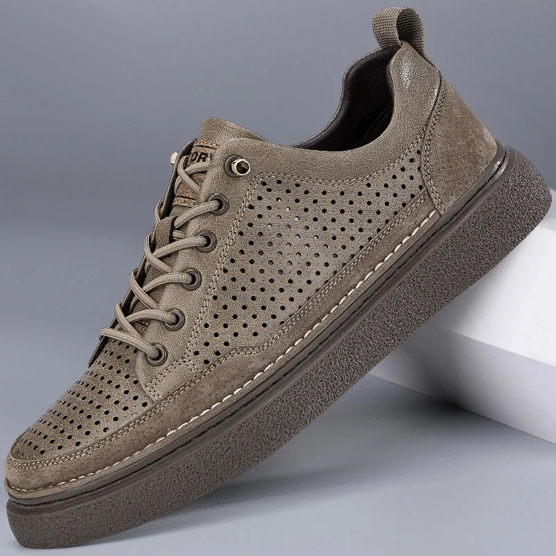 

Spring men's outdoor breathable hollowed out leather shoes Men's sports shoes Comfortable flat bottom anti slip casual shoes