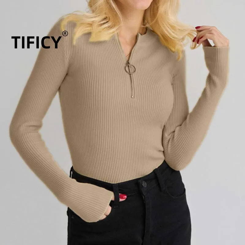 

Zipper Knit Underlay Sweaters Top Pullover Autumn/Winter Women's New Style Slim Fit Round Neck Zipper Solid Sweater Tops