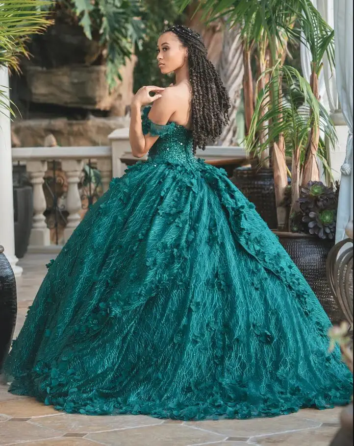 

Rose Gold Off Shoulder Quinceanera Dresses Orchid Pearl and Crystal 3D Floral Lace-up Corset Prom 15 años vestido