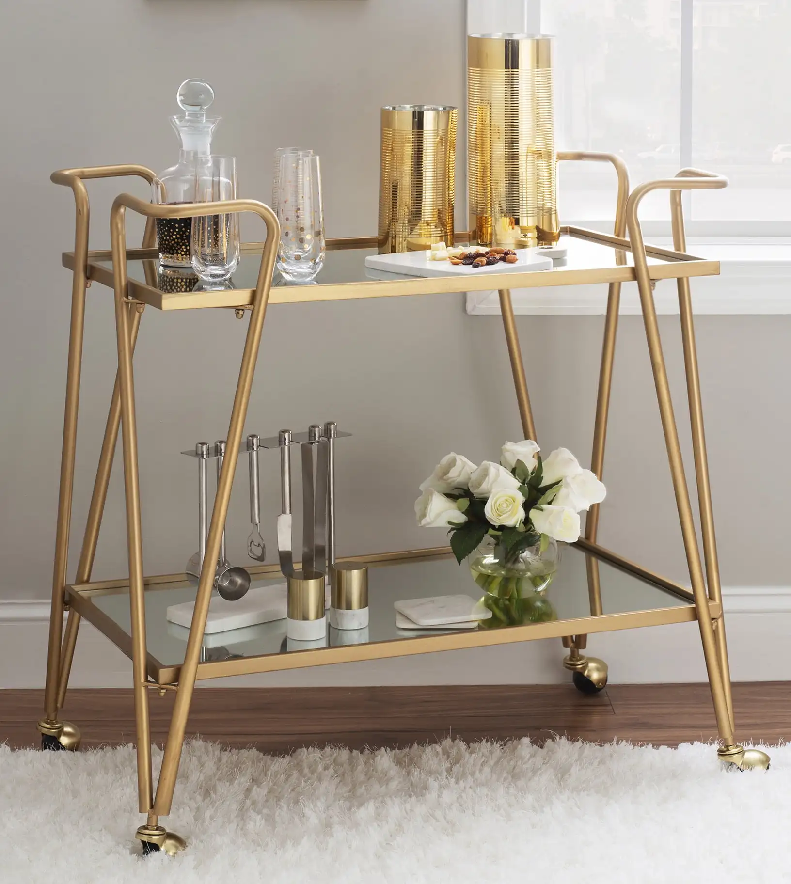 

Linon 2-Tier Mobile Metal & Glass Bar Cart, 32.5" H, Gold