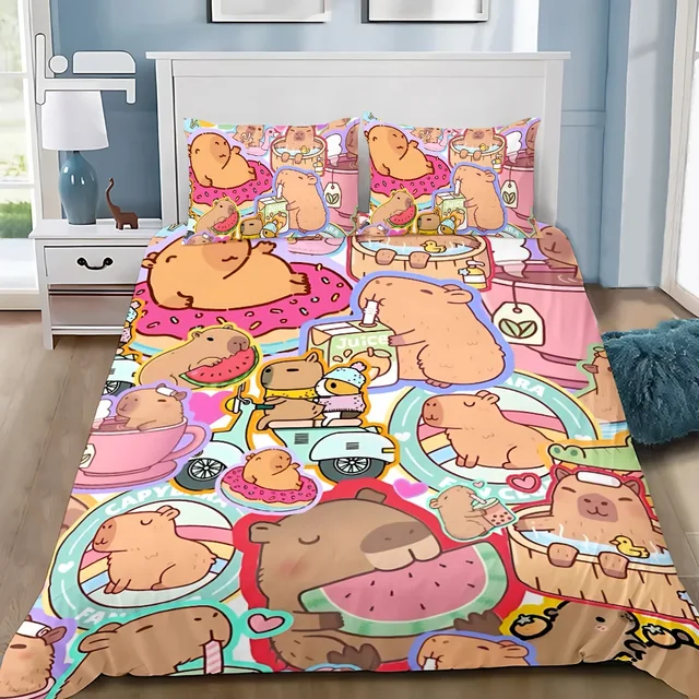 Capybara mignon housse de couette taie d'oreiller ensemble de literie adulte garçon fille chambre décoration enfants cadeau simple Double grande taille 1