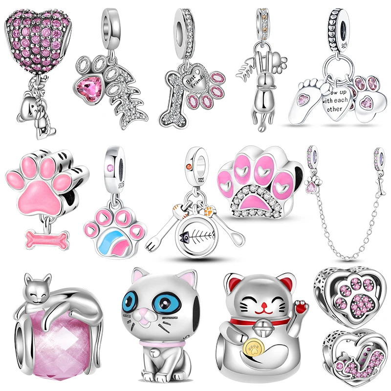 

925 Sterling Silver Pink cat claw bone pendant bead safety chain Charms Beads Fit Pandora Original Bracelets Anniversary Jewelry