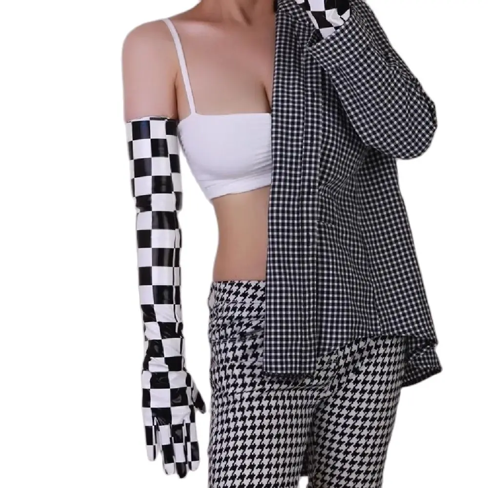 

Long Gloves 70cm 28'' Patent Leather Latex Faux PU Women Shine Black White Plaid Checkerboard F1 Print Striped Animal Motifs
