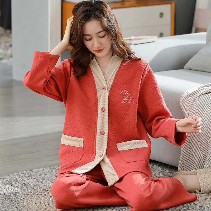 

Хлопковая женская осенне-зимняя пижама с длинным рукавом, стеганая теплая одежда для сна, плотная Домашняя одежда, большой размер, пижамный комплект