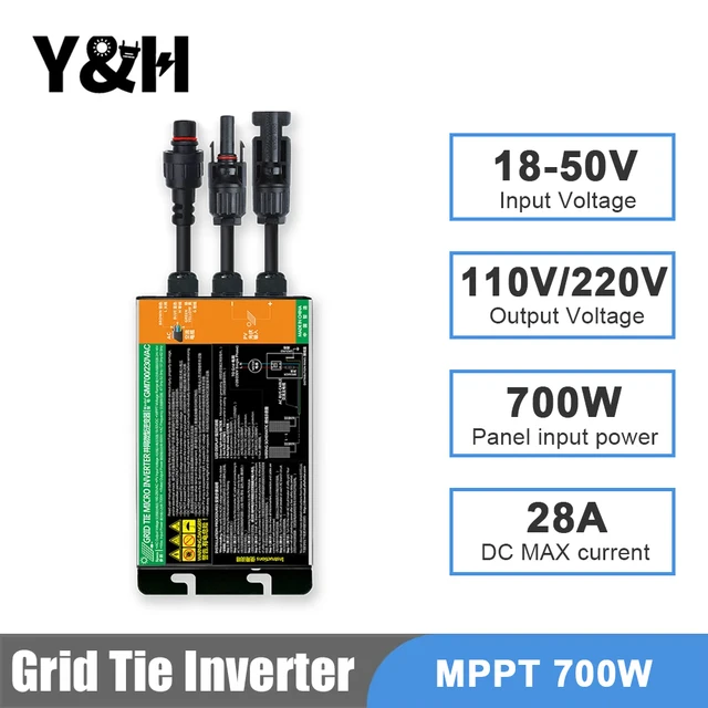Y & H MPPT Micro-onduleur à liaison au réseau 300W 350W 500W 600W 700W système de liaison au réseau solaire pour entrée domestique sortie DC18-60V AC110V 240V 1