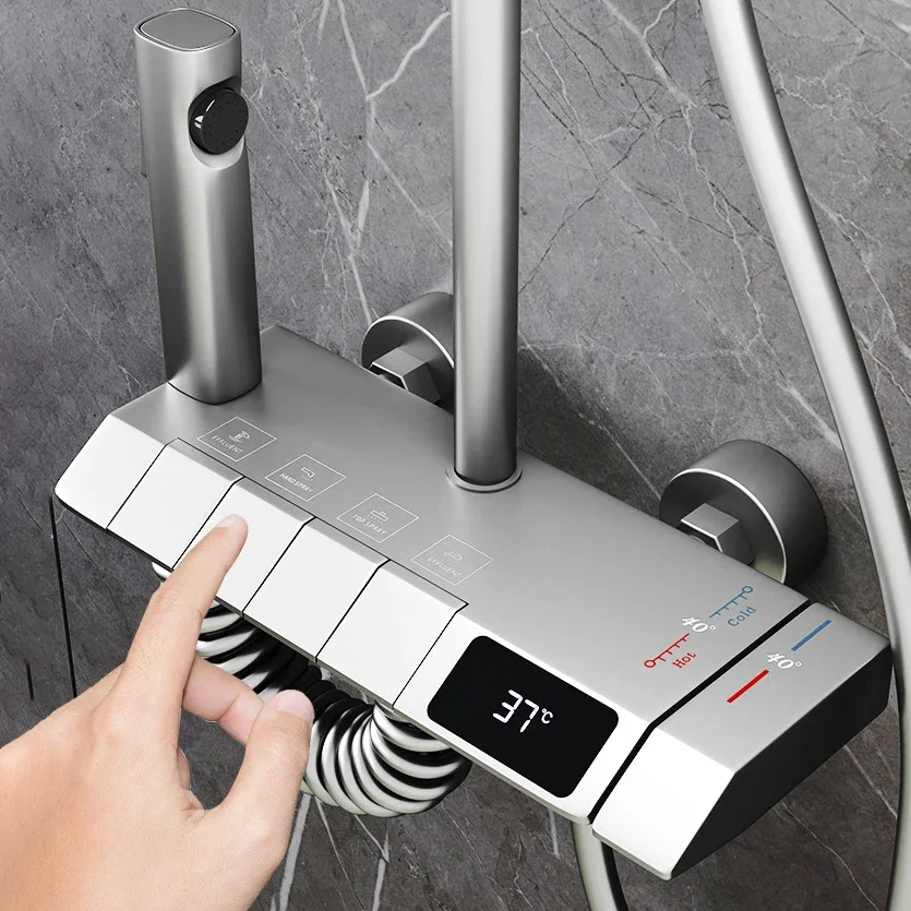 Square Grey Thermostatic Piano Shower System Hot Cold Bathroom Mixer Tap  Brass Bathtub Faucet Luxury Piano Digital Shower Set 4