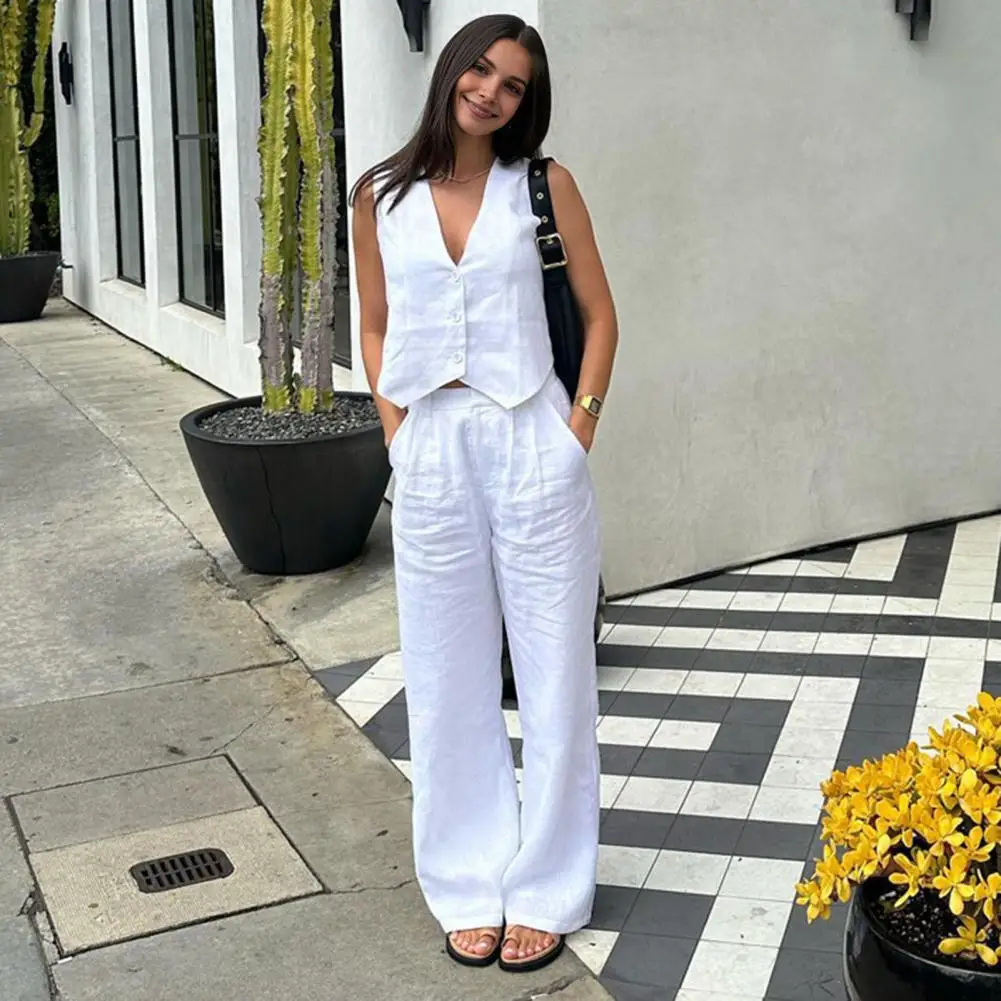 Women's Vest ＆ Pants Suit Cotton Office Lady Two-Piece Outfit V-Neck Sleeveless Top Loose-Fit Pants Summer Womens Outfits