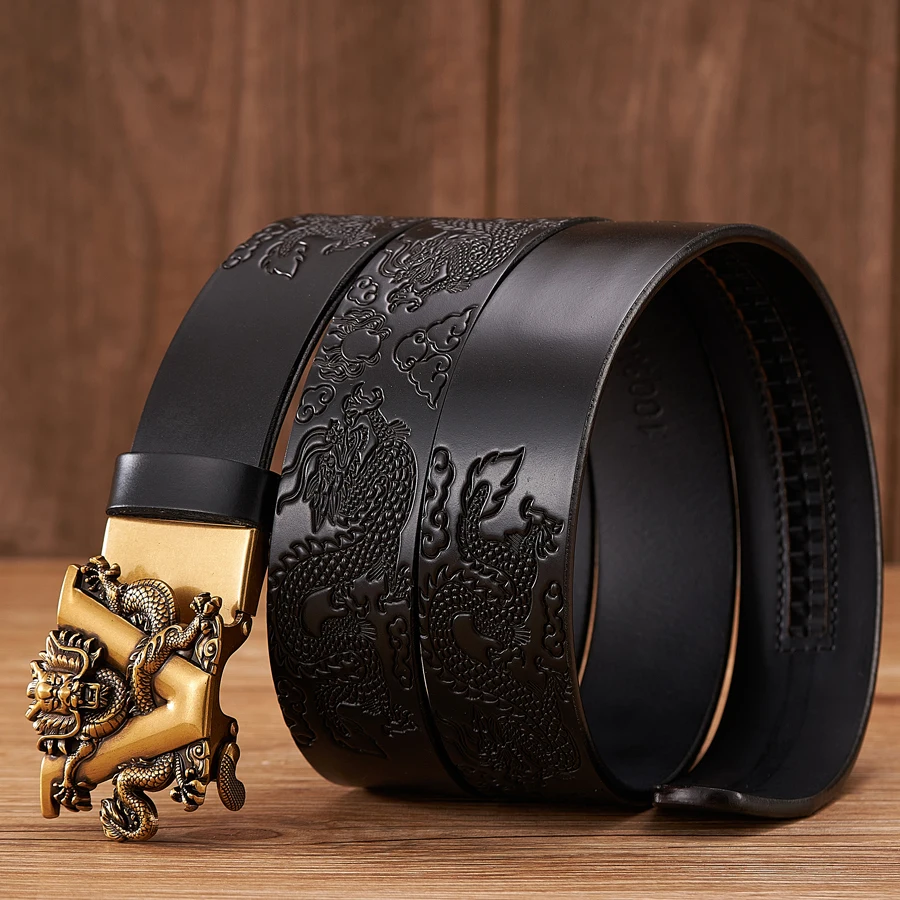 Male Genuine Leather Belts Casual Ratchet Belt with Automatic Buckle Luxury Design Dragon Pattern Belts for Business Men Strap 