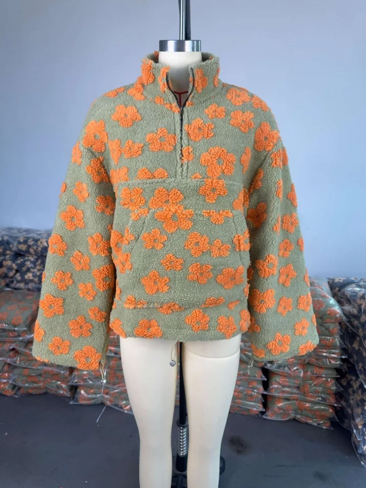 Wmstar Pullovers Women Winter  Clothes New Fashion Faux Lambskin Printed Loose Zipper Hoodie Long Sleeved Top New Style