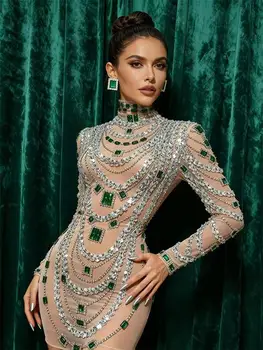 Luxurious Mini Dress Women Transparent Rhinestones Bodycon Singer Bar Club Shiny Short Dress Celebrity Party Evening Stage Costu 1