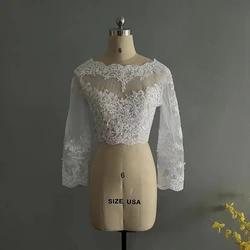 New Arrival Lace Appliques Shares of Women's Long Sleeve White Lace Shoulders Cropped Bolero Wedding Jacket 2024 Bridal Wraps