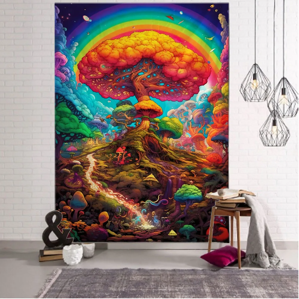 

Mushroom Rainbow tapestry Bohemian psychedelic flowers and plants upright aesthetic bedroom decoration wall hanging tapestry