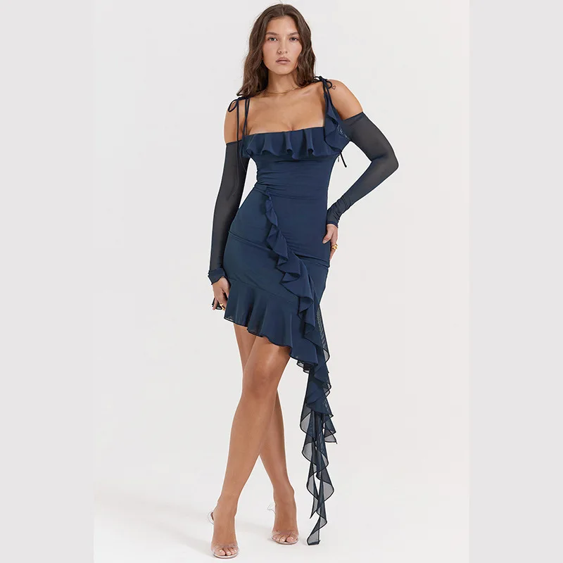 

Elegant Spaghetti Strap Ruffle Mini Dress For Women Spring Autumn New Strapless Backless Bodycon Club Party Sexy Dress Vestidos