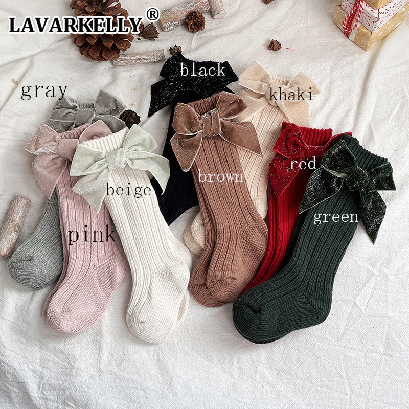 16pairs 2022 New baby Long Socks girls children Velvet Bows Spanish style Socks Heavy Knit Knee High Toddler Christmas Socks