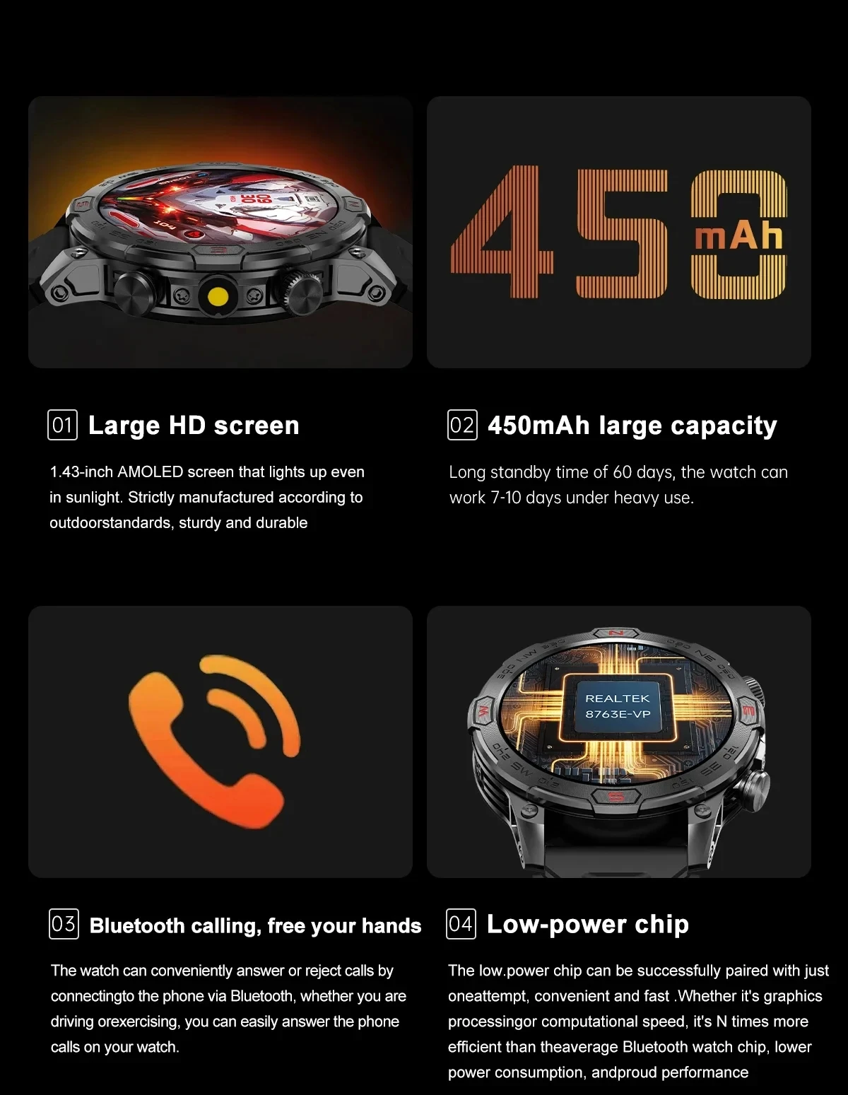 야외 스포츠 피트니스 트래커 스마트워치, Unihertz 8849 탱크 3 프로 탱크 미니 1 8849 탱크 2 마트 워치, 1.43 인치 대형 스크린