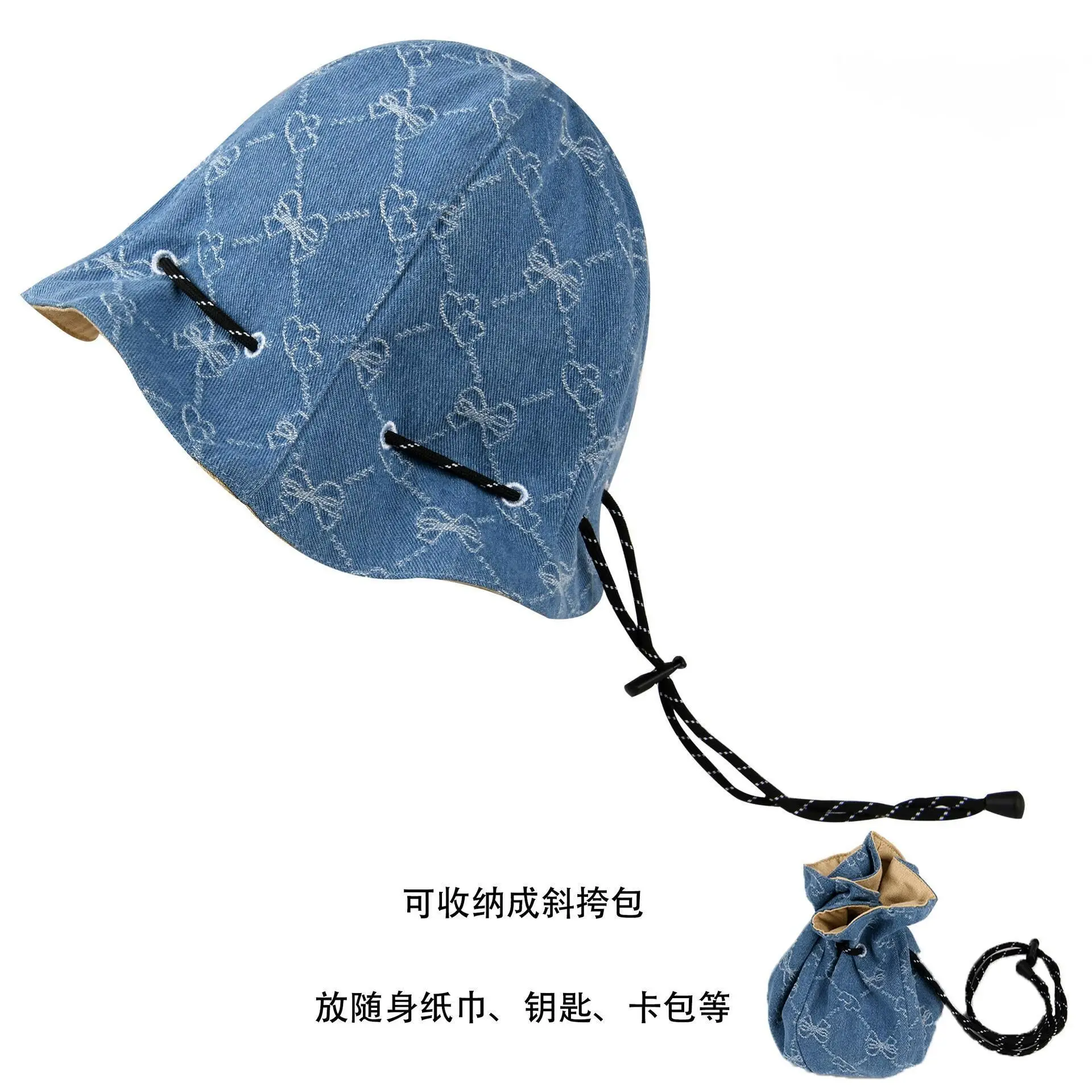 Sunscreen fisherman hat with solid color drawstring design, basin hat, straight tube, foldable, crossbody bag, sunshade hat