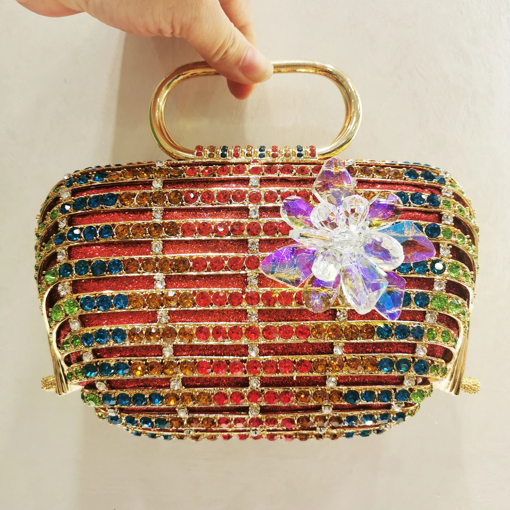 

New Arrival Blue/White Rhinestone Evening Clutch Bags Floral Wedding Dinner Purses 100% Handmade Diamond Banquet Long Chain Bags