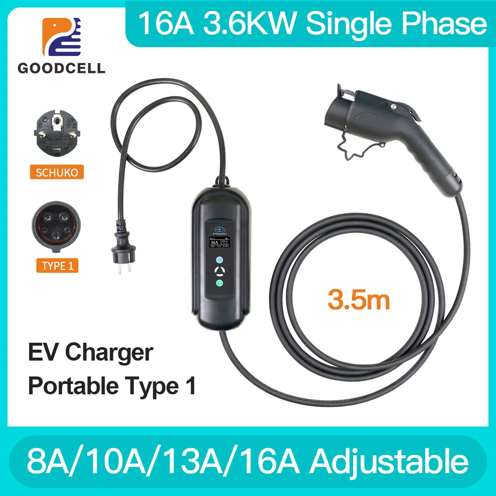 Caricabatterie Portatile Ev Wallbox 16A 3.6Kw Tipo 1 Sae J1772 Standard Regola La Ricarica Della Corrente Per Veicolo Elettrico Lunghezza Totale 3.5M