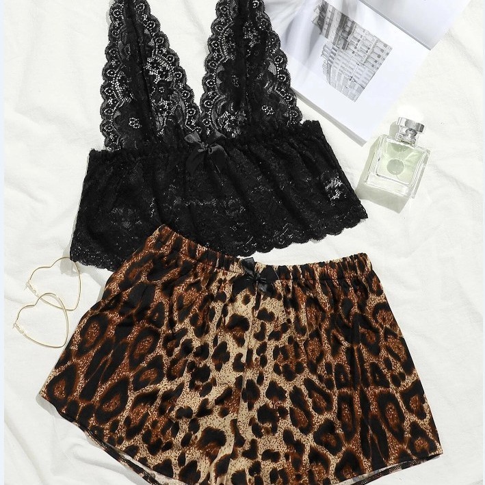 European & American New Style Sexy Deep V Lace Camisole & Leopard Print Lace-Trim Shorts 2-Piece Loungewear Set