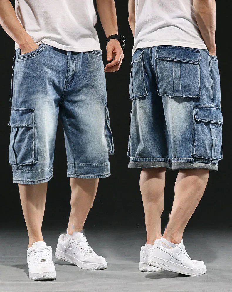 Men Jeans Denim Pants Denim Shorts Summer Jeans Shorts Men's Wide-leg Denim Shorts Multi Pocket 7 Point Work Cargo Jeans Shorts Fat Plus Size Denim Male
