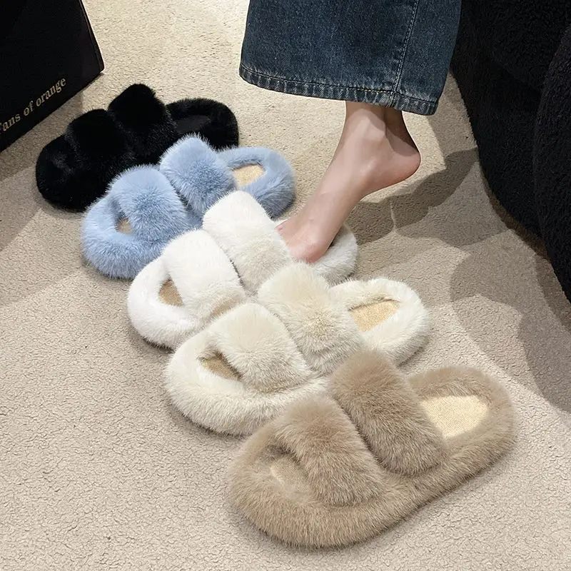 

Flat Shoes Female Woman's Slippers Winter Footwear Slides Flock Med Fur Flip Flops Fashion Platform 2023 Plush Luxury Basic Rome