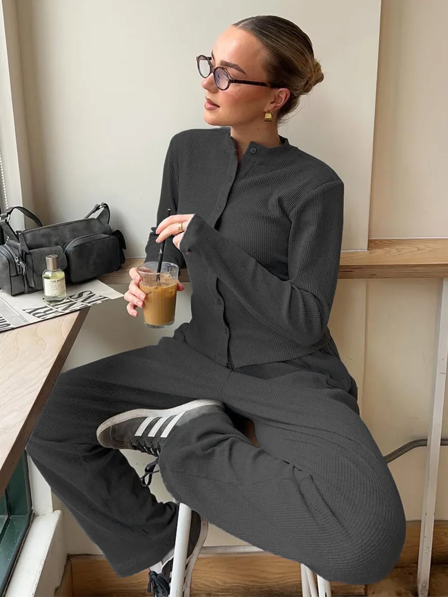 Bornladies Women's Spring New Ribbed Knit Long Sleeve Set Half Turtleneck Buttoned Cardigan & Wide-Leg Pants Two-Piece Outfit