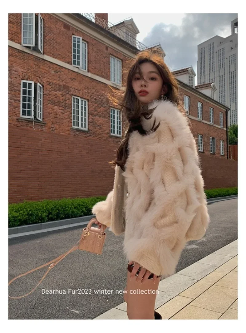 2023 Autumn Winter New White Fox Spokes Short Fur Knitted Elegant Socialite Younger Overcoat Female Furry Jacket Women's Clothes