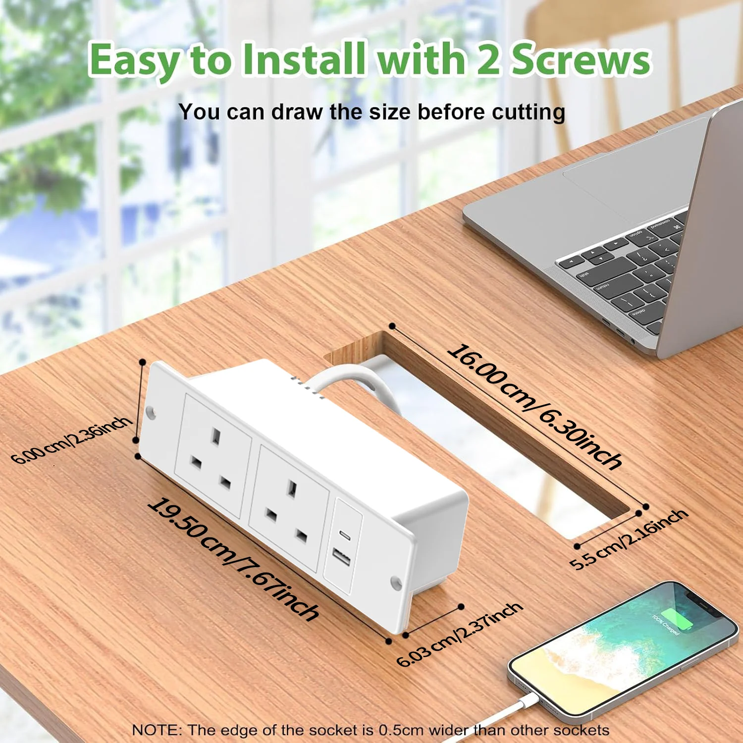 영국 플러그 매립형 전원 스트립 2개 콘센트 USB-C/USB-A 1.5M/59.05인치 전원 코드 공간 절약형 책상/카운터/가구용 간편 설치