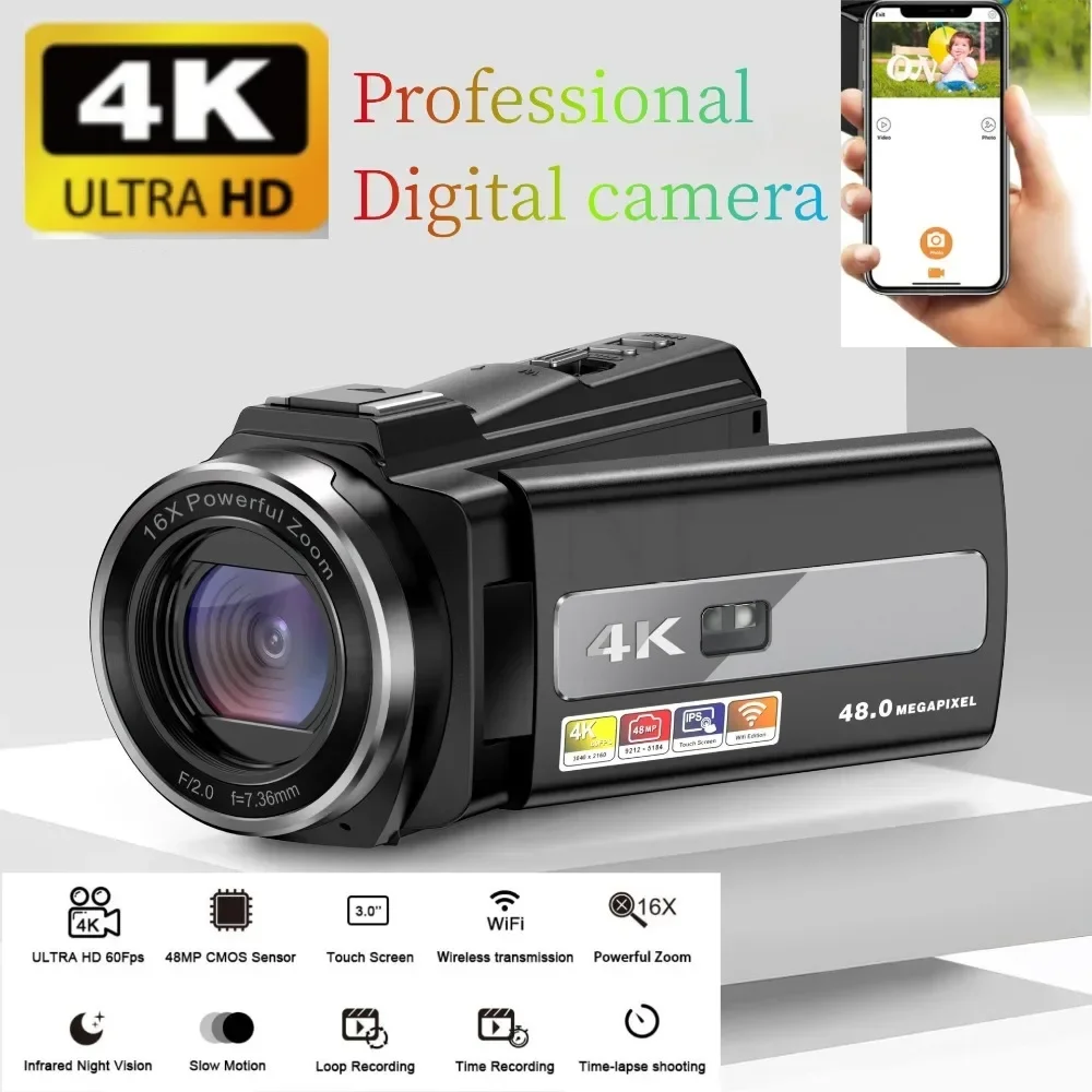 

4K HD Professional Camera WIFI Digital Night Vision Camcorder Handheld Shooting Electronic Anti Shake Outdoor Sports DV Camera